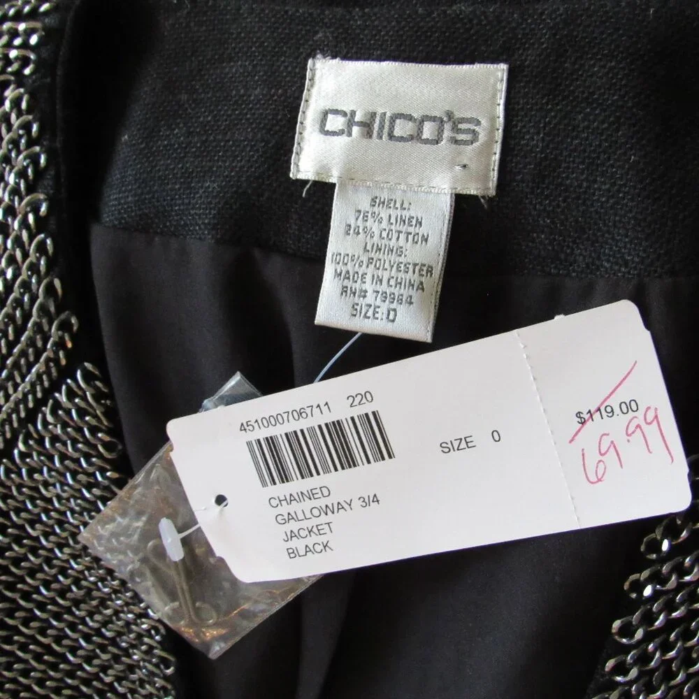 NWT Chicos Chained Galloway 3/4 Sleeve Linen Blend Black Jacket sz 0 US Small - Picture 3 of 3